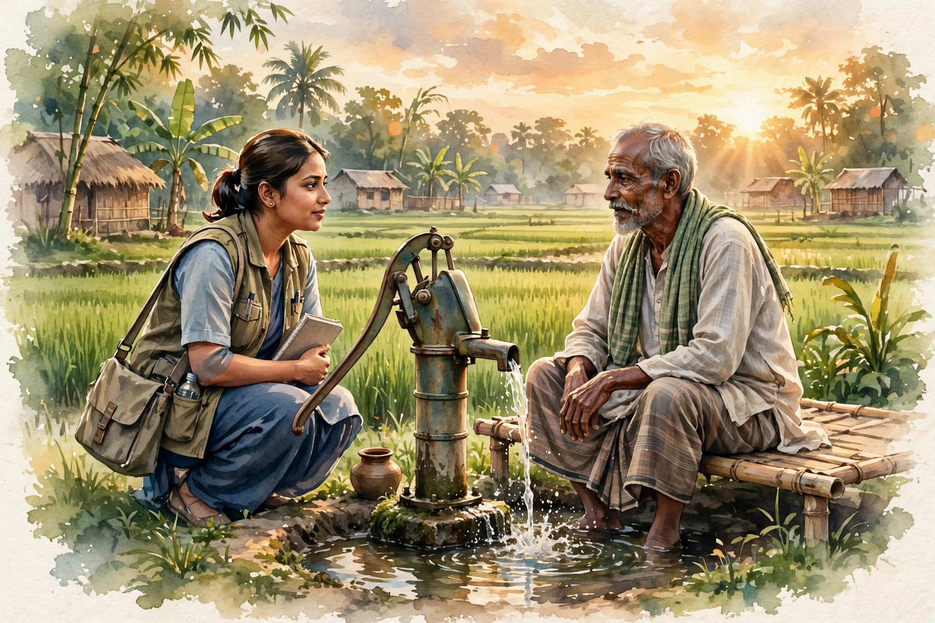 Watercolor tube-well golden hour