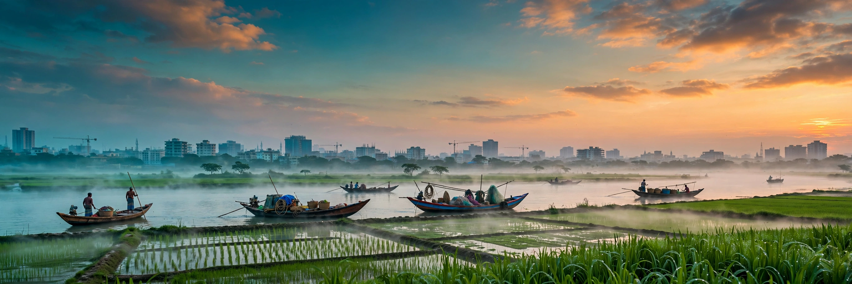 Hero — Bangladesh river sunrise boats paddy Dhaka skyline mist cinematic